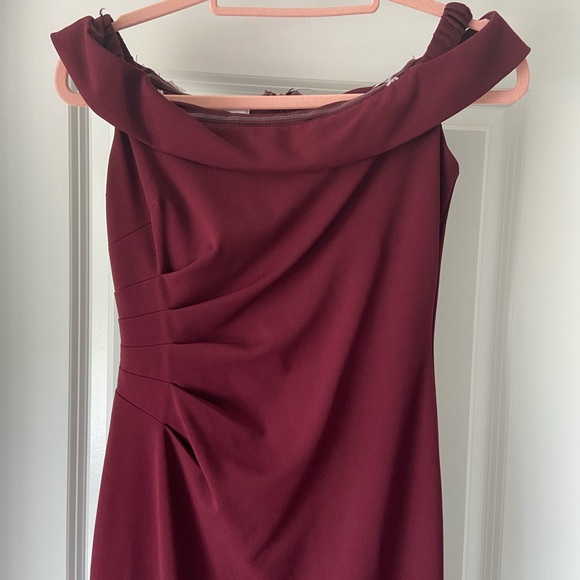 David’s Bridal Off the Shoulder Stretch Crepe Ruched Bridesmaid Dress - Cabarnet - Picture 5 of 7